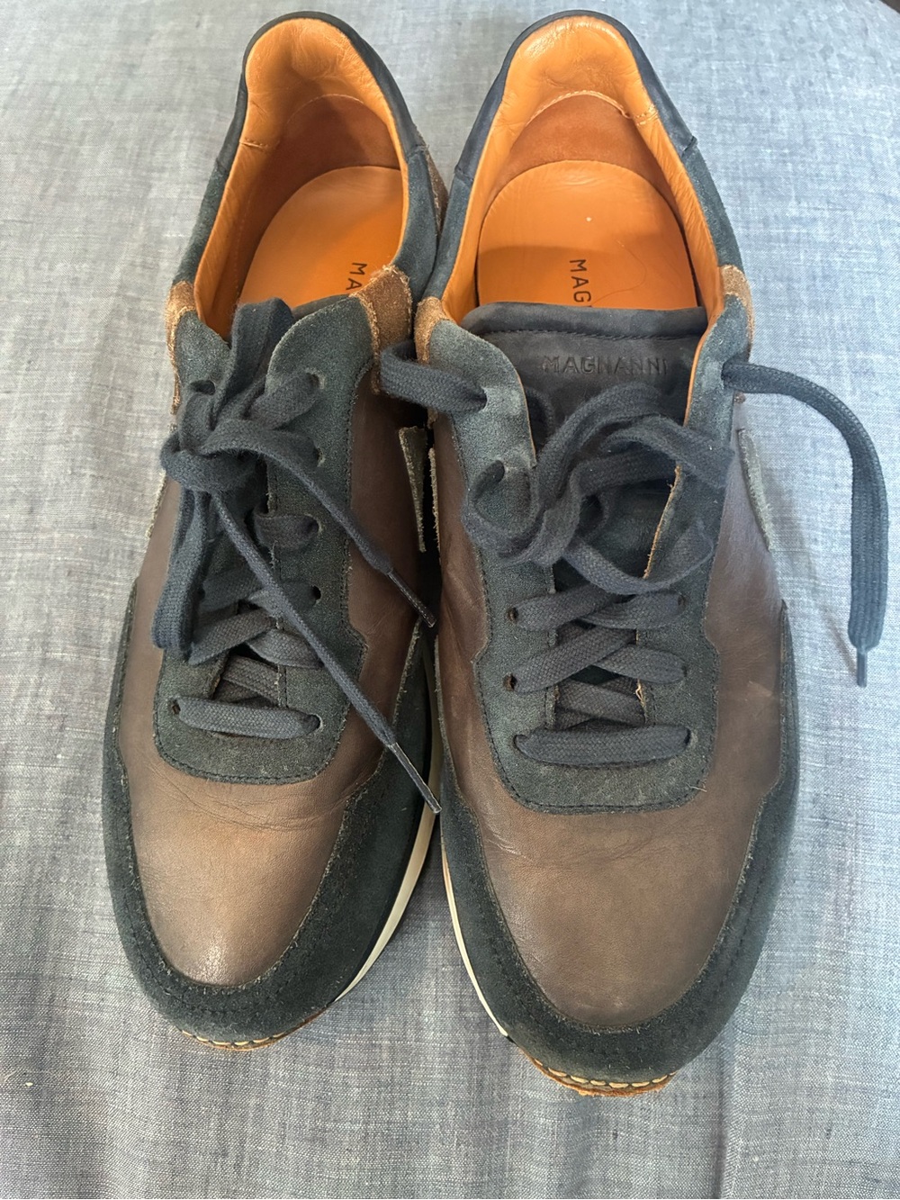 Magnanni Brown & Black Leather Suede-Trim Sneakers